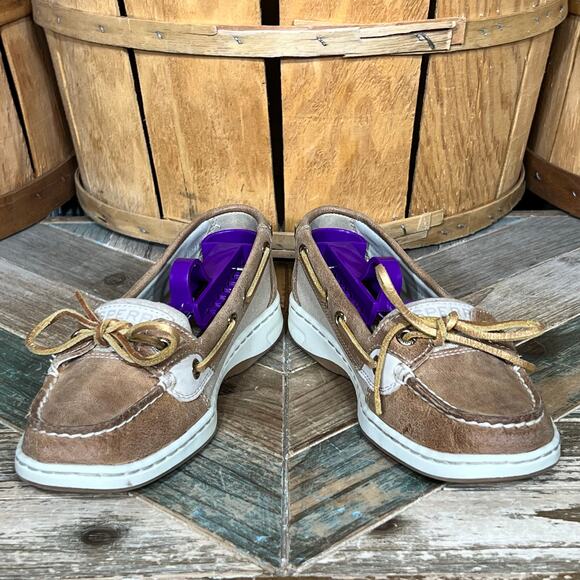 Sperry Angelfish Tan Gold Leather Canvas Lace-Up Boat Shoes Womens Size 5 - Picture 7 of 11